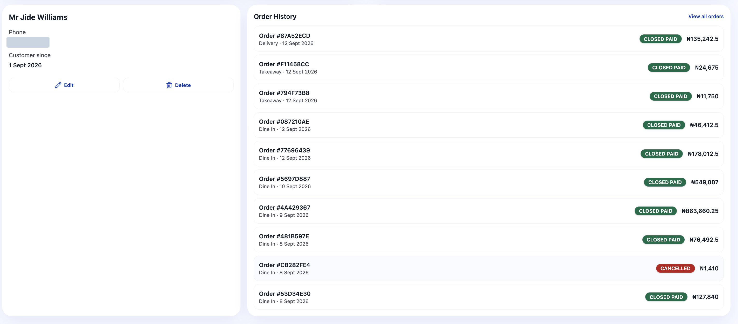 Tari1 customer profile and order history with delivery, takeaway, and dine-in orders