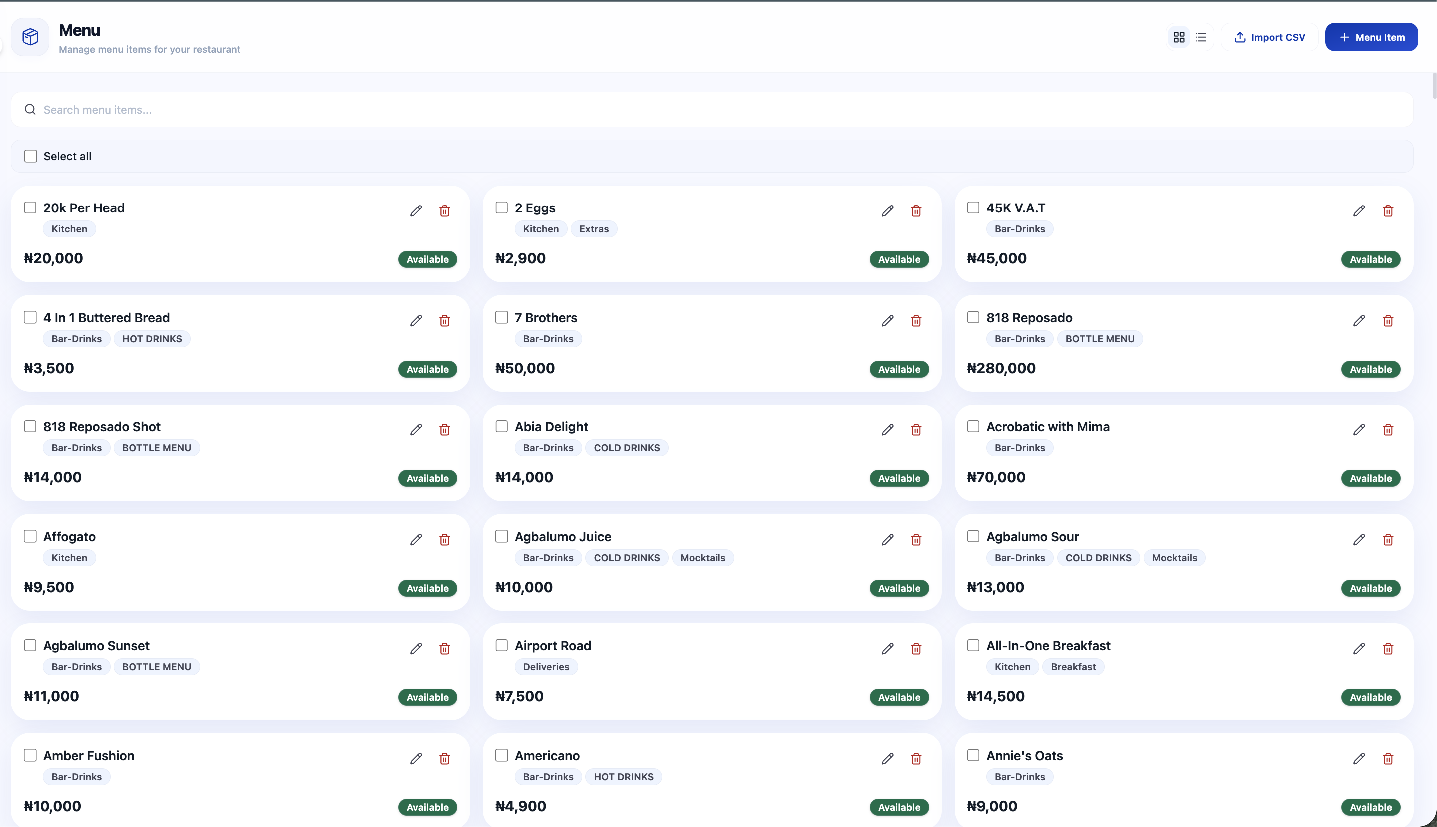Menu management screen listing menu items with categories, prices, and availability