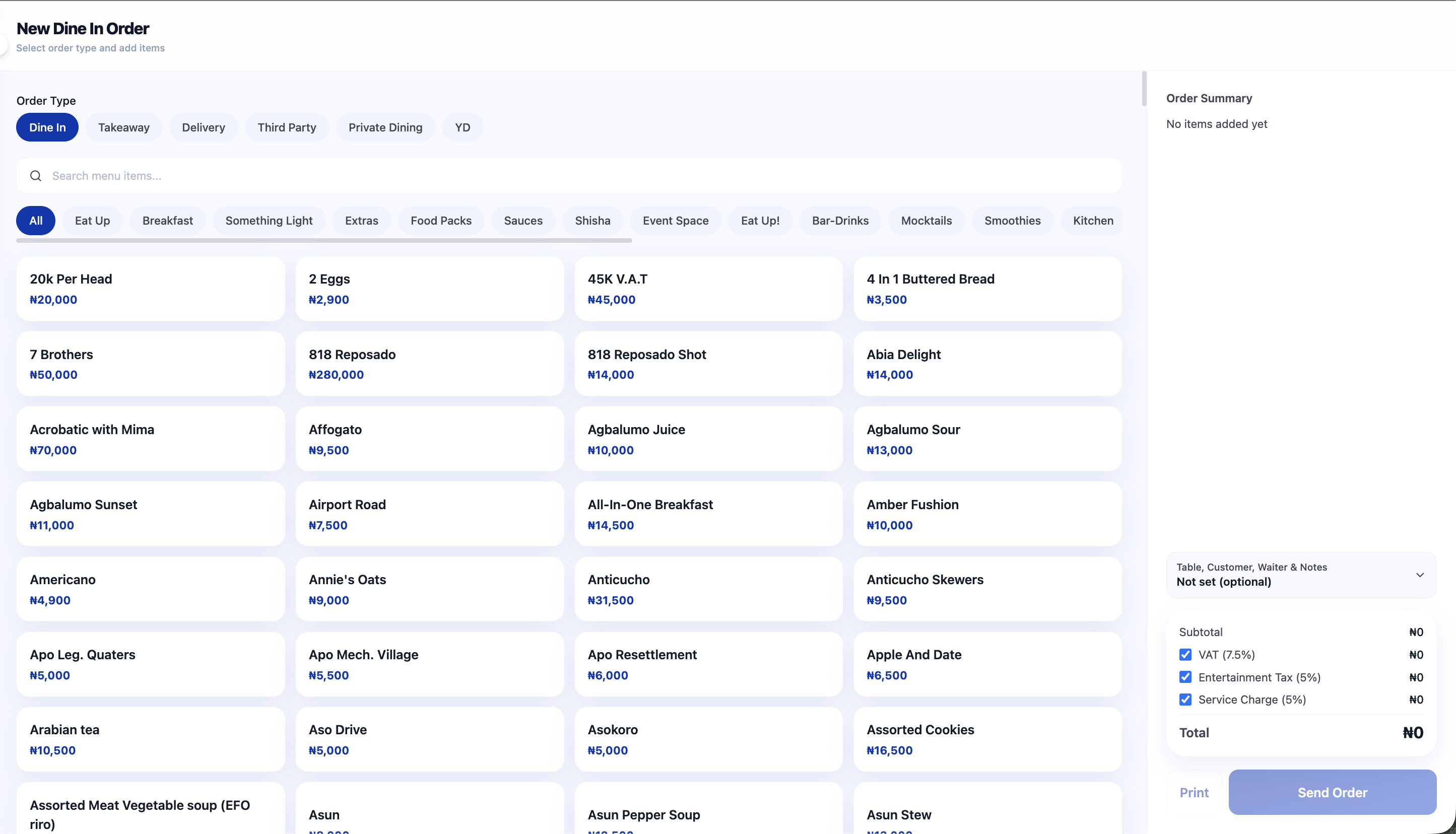 Order taking screen with menu items, order type selector, and live order summary