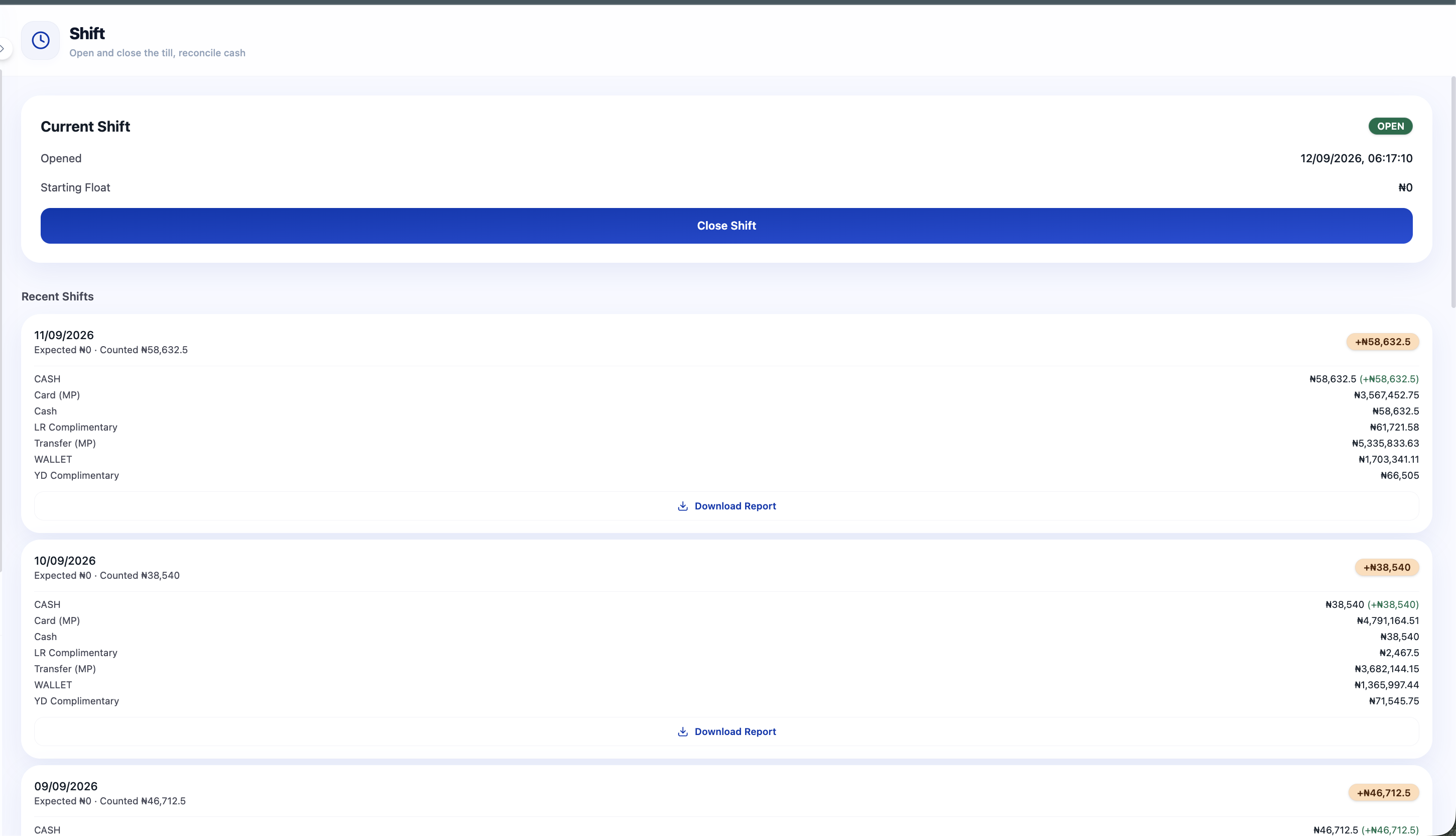 Shift screen showing the open shift, starting float, and recent shift cash reconciliation history